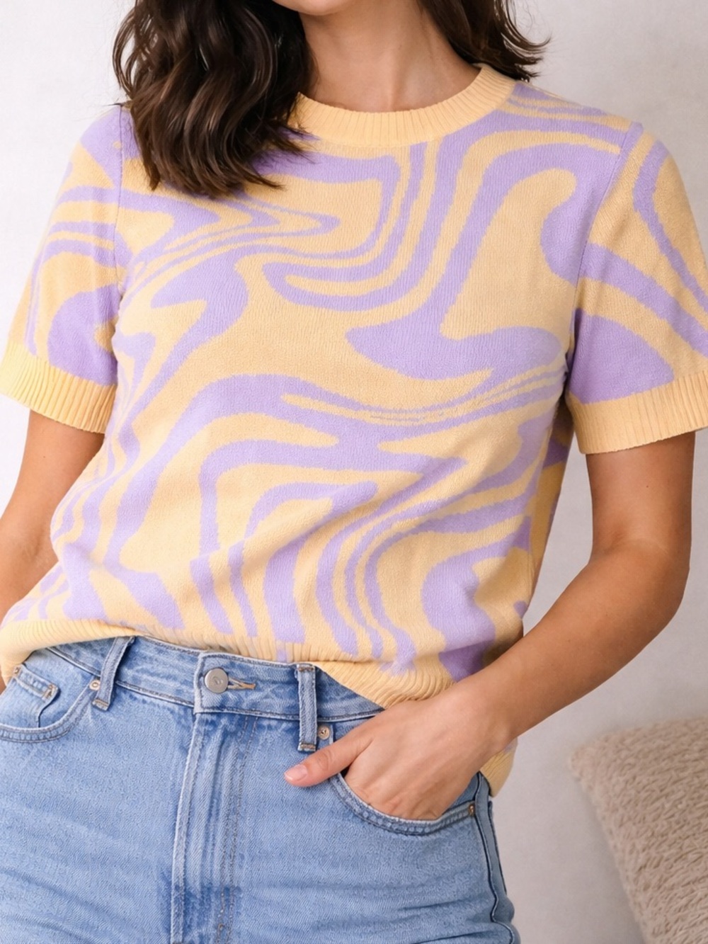 Forever 21 Yellow and Lavender Wave Short Sleeve Sweater Top